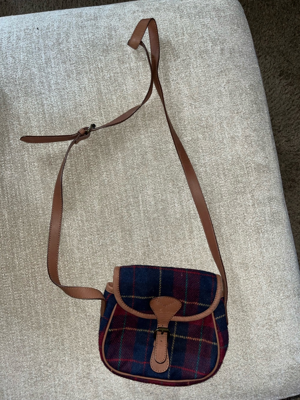 Jack Wills Navy and Burgundy Plaid Crossbody with Brown Trim